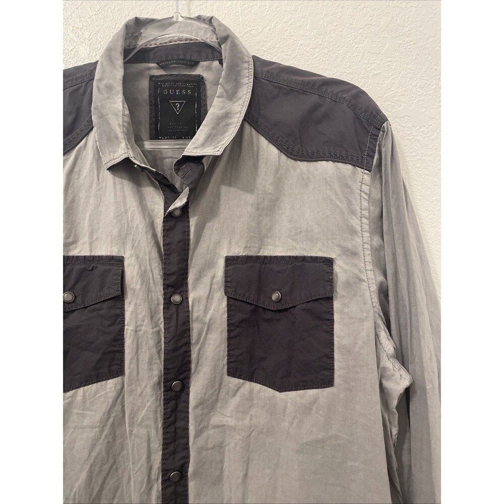 Y2K GUESS Western Slim Fit Shirt Mens XL Grey Black Pearl Snap Cowboy Top